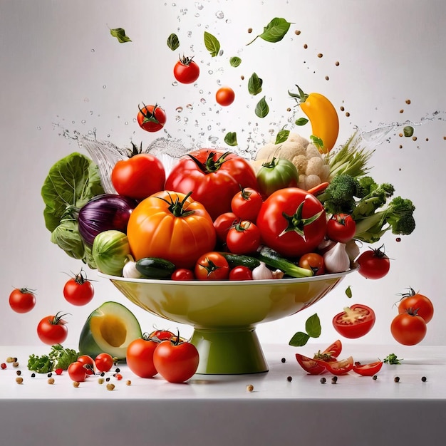 Légumes et fruits crus frais explosion dynamique volant disposition créative avec des objets tourbillonnants