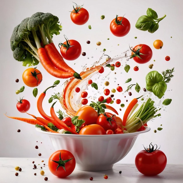Légumes et fruits crus frais explosion dynamique volant disposition créative avec des objets tourbillonnants