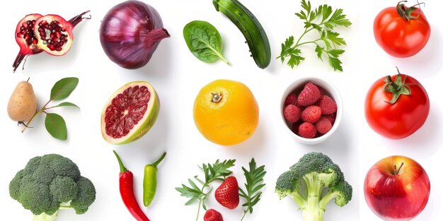 légumes et fruits sur un fond blanc IA générative