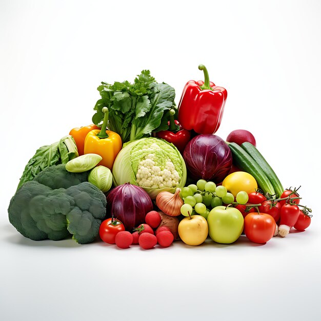 Photo légumes et fruits sur fond blanc