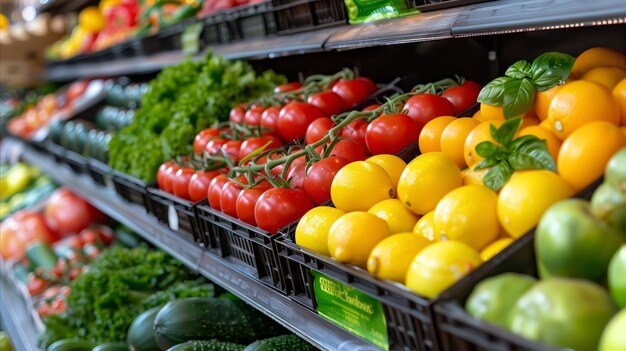 Des légumes et des fruits frais colorés exposés dans une épicerie