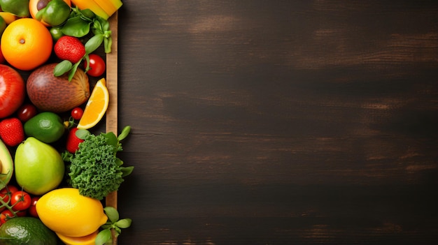 Légumes et fruits frais dans une boîte en bois avocat