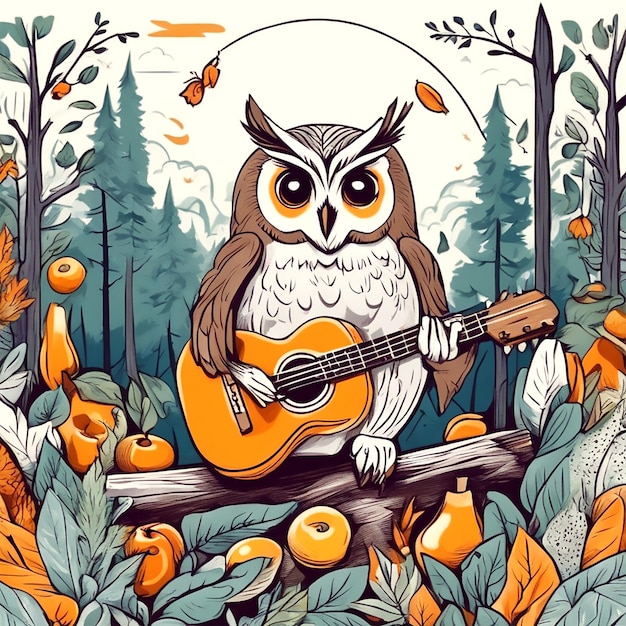 légumes et fruits frais et sains biologiques avec un fond blanc le hibou joue de la guitare et chante