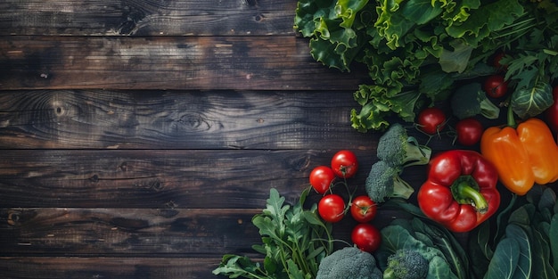 légumes et fruits avec des herbes sur une table en bois IA générative