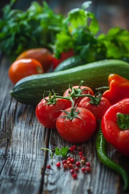 légumes et fruits avec des herbes sur une table en bois IA générative