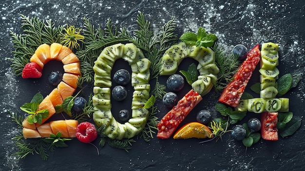 Les légumes, les fruits et les poissons sur un fond noir symbolisent l'année 2024 fraîche IA générative