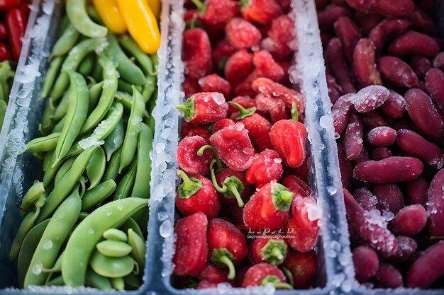 Photo légumes et fruits surgelés dans les vitrines