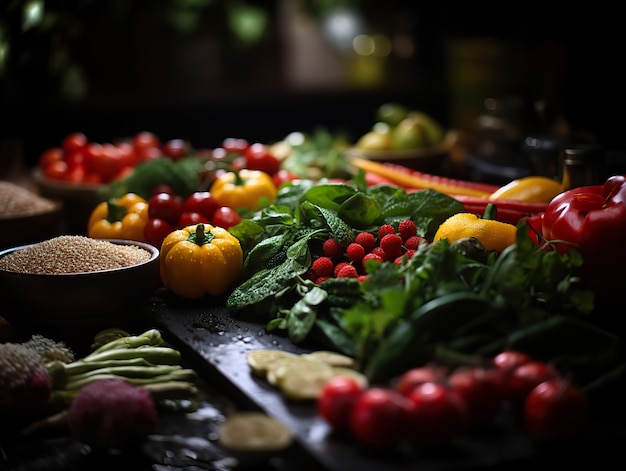 Des légumes et des fruits variés sur un fond sombre IA générative