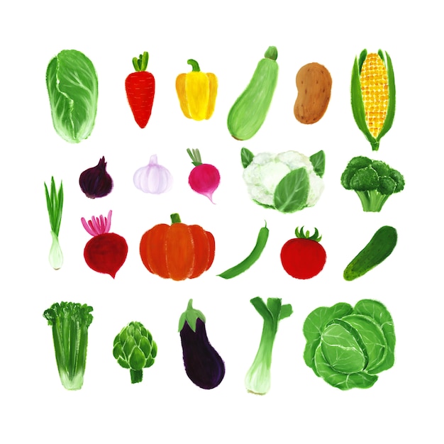 Légumes gouache dessinés à la main, isolés sur un blanc. Illustration pour les enfants