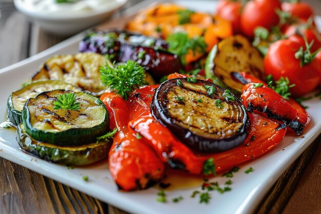 Photo légumes grillés assiette tranchés au barbecue aubergines zucchini poivre rouge bulgare sucré verts frais