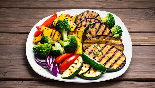 Des légumes grillés sur fond de bois, de la nourriture saine, du barbecue, des repas végétaliens.