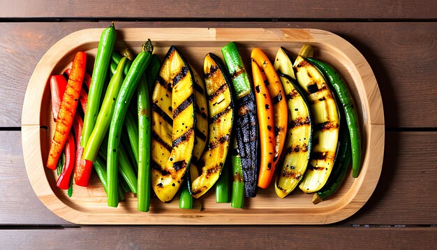 Des légumes grillés sur fond de bois, de la nourriture saine, du barbecue, des repas végétaliens.