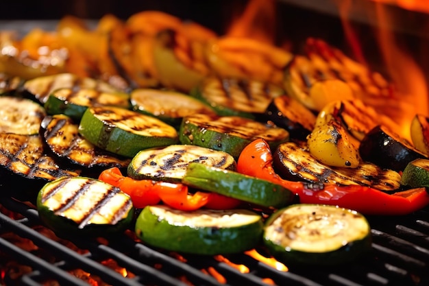 Photo légumes grillés sur le gril avec des flammes