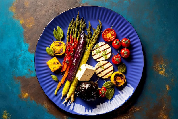 Photo légumes grillés juteux sur une plaque bleue