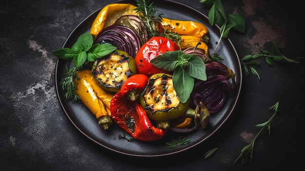 Légumes grillés poivrons colorés courgettes aubergines au basilic et herbes sèches Generative AI