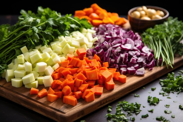 Légumes hachés sur une planche