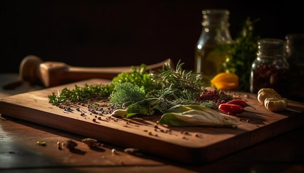 Légumes et herbes biologiques sur une planche à découper rustique générée par l'IA