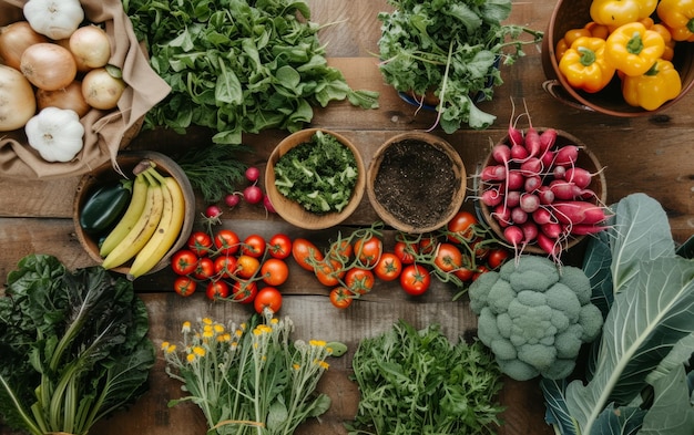 Des légumes et des herbes fraîches assortis bien disposés sur une table en bois rustique