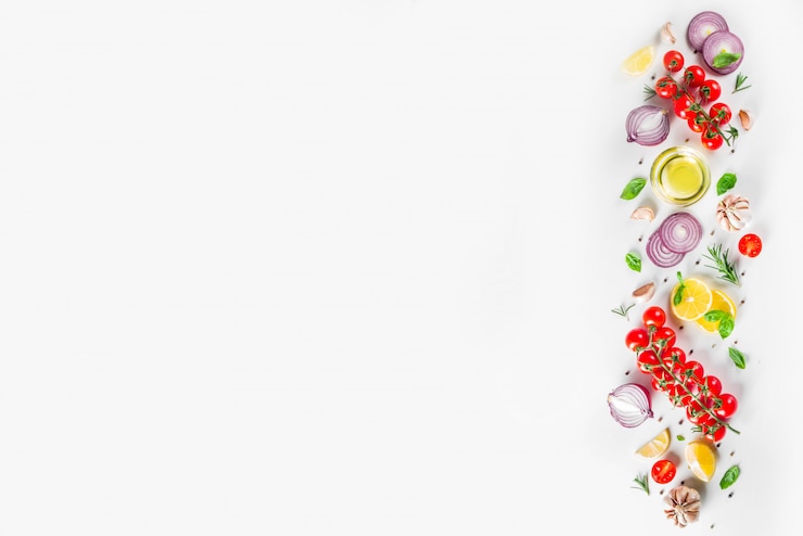Photo légumes et herbes pour la cuisson, vue de dessus