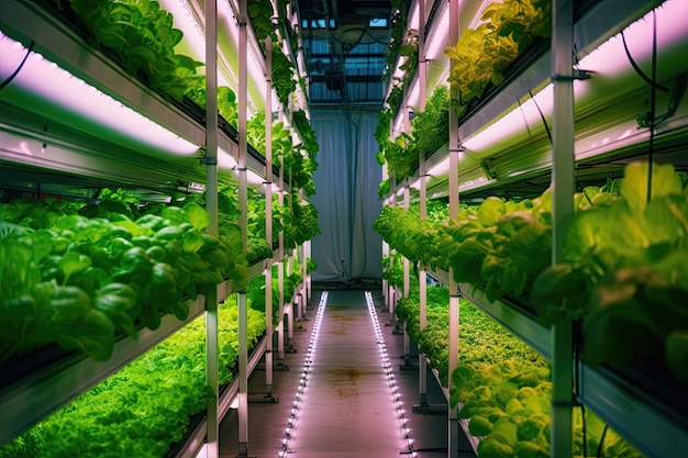 Légumes hydroponiques biologiques dans la serre avec éclairage LED