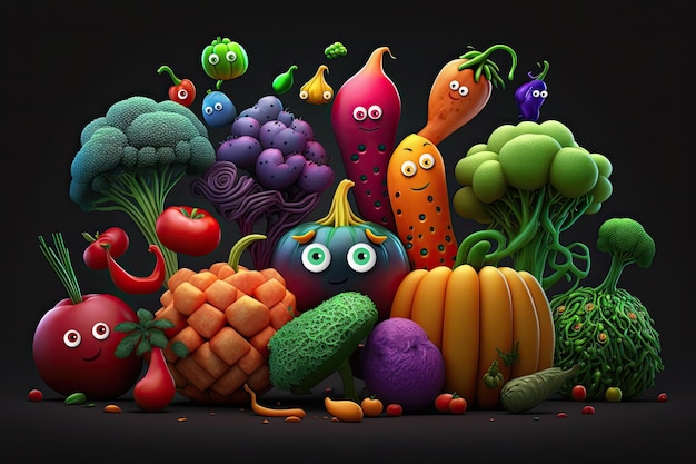 Légumes mignons drôles en style cartoon Mélange de légumes Generative AI
