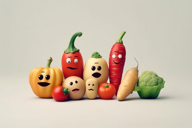 légumes mignons sur fond blanc style minimaliste