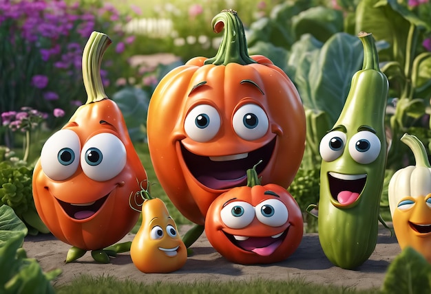 Légumes avec des personnages de visages mignons sur fond de jardin IA générative