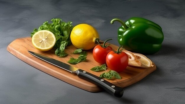 Légumes sur une planche à découper avec un couteau sur fond sombre