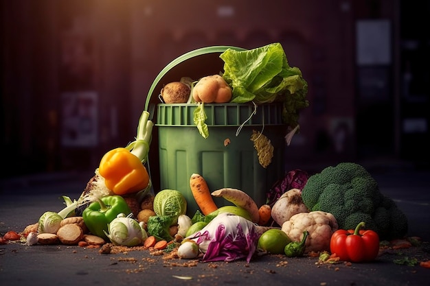 Les légumes pourris inutilisés jetés dans le contenant à ordures Perte de nourriture et gaspillage de nourriture Réduction du gaspillages de nourriture Composting de légumes pourrs dans une poubelle générée par l'IA