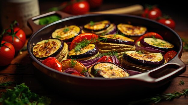 Légumes rôtis avec des aubergines et des tomates dans une casserole