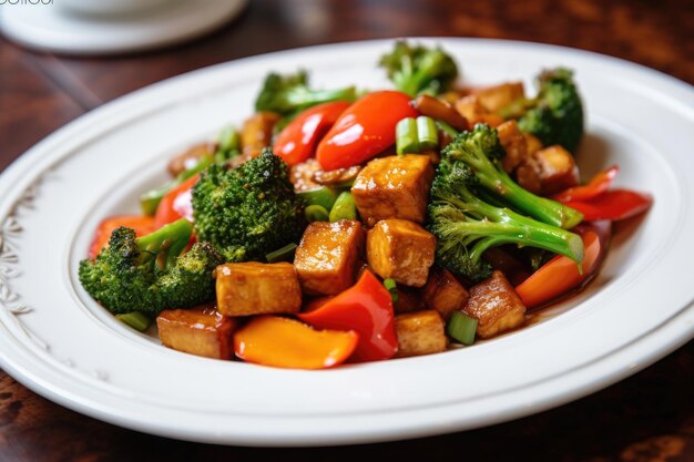 Légumes sautés au tempeh servis sur un plat blanc