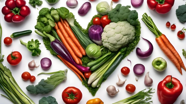 Les légumes sont disposés en forme de cœur d'en haut sur un fond blanc