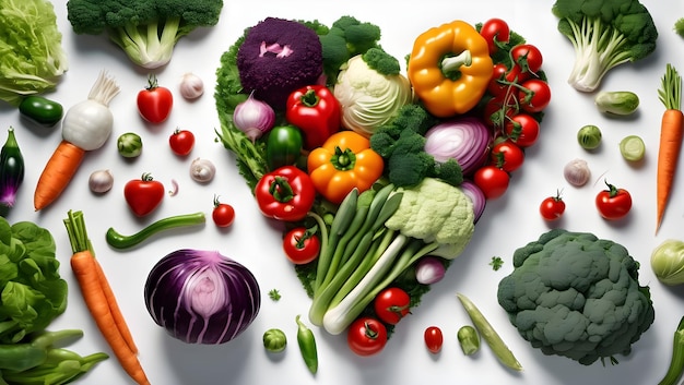 Les légumes sont disposés en forme de cœur d'en haut sur un fond blanc