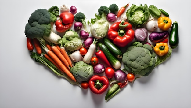 Les légumes sont disposés en forme de cœur d'en haut sur un fond blanc