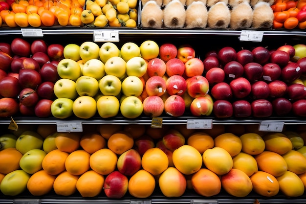Les légumes des supermarchés présentent différents fruits et légumes Art généré par l'IA du réseau neural