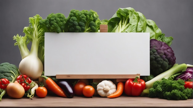 Légumes en surface en bois avec une affiche blanche blanche pour la publicité des épiceries