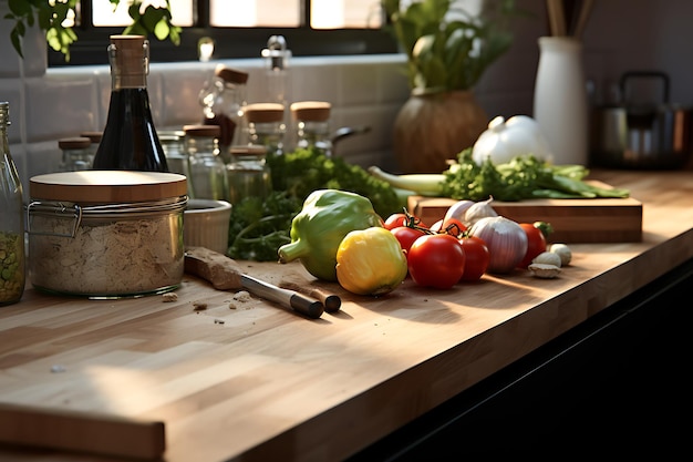 Des légumes sur une table en bois dans la cuisine à la maison en gros plan