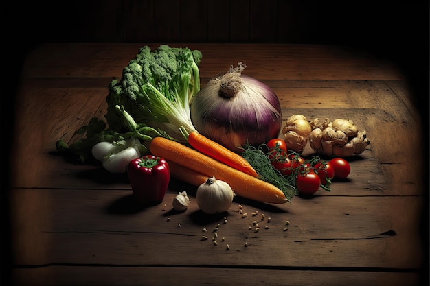 Légumes sur table en bois grand angle Made by AIIntelligence artificielle