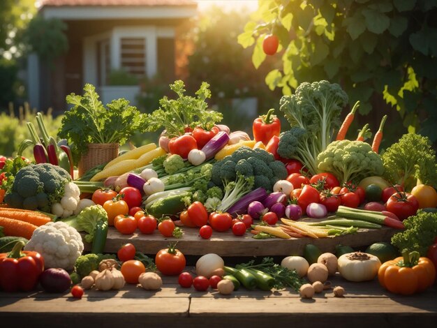 Légumes sur une table dans un jardin sous la lumière du soleil