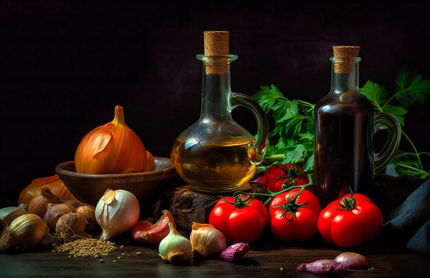 Photo légumes de tomates à l'ail à l'huile d'olive sur une surface sombre