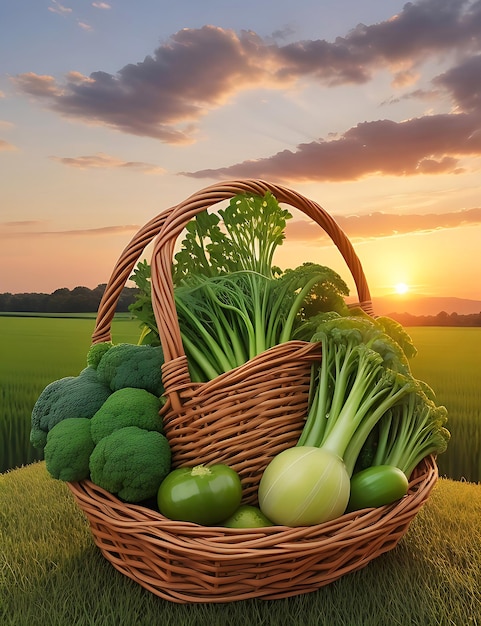 Légumes verts frais et de couleurs mixtes dans de grands paniers dans des plantes vertes de champ avec des véhicules agricoles