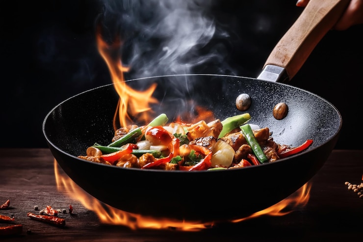 Photo les légumes et la viande frits sont cuits dans un wok avec des flammes et de la fumée. les ingrédients comprennent des poivrons, des oignons et des haricots verts.