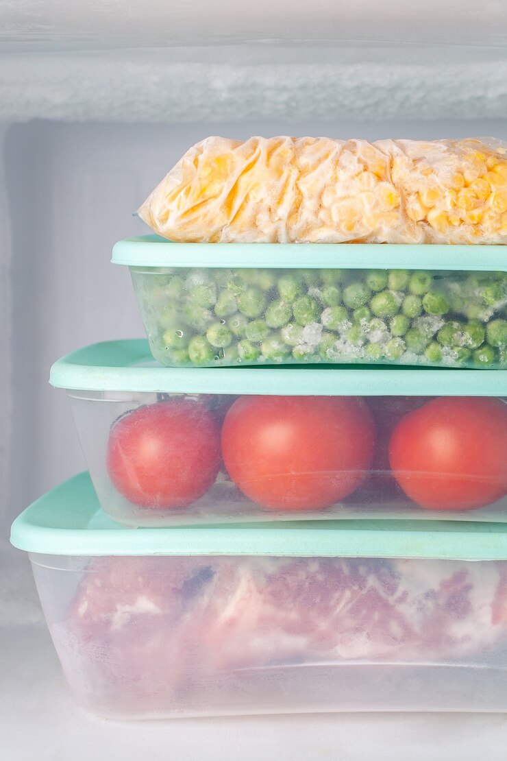 Légumes et viande surgelés dans des contenants en plastique bleu