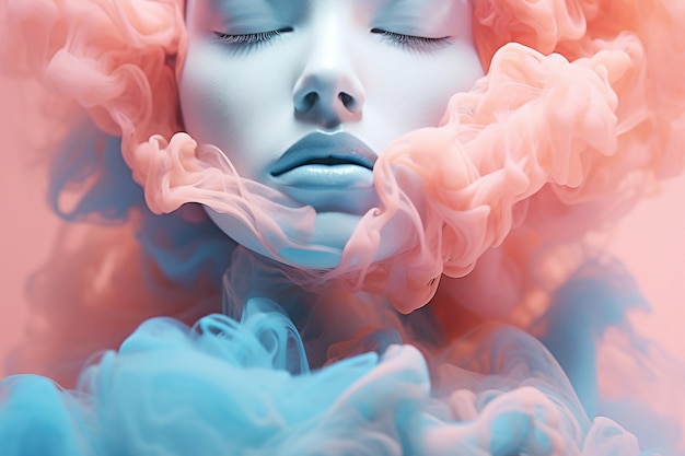 Élément d'air femme déesse fantaisie représentation humaine modèle d'IA générative se noyant à l'intérieur d'une épaisse fumée colorée profonde