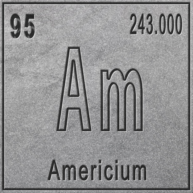 Élément chimique d'américium, signe avec numéro atomique et poids atomique, élément de tableau périodique, fond argenté