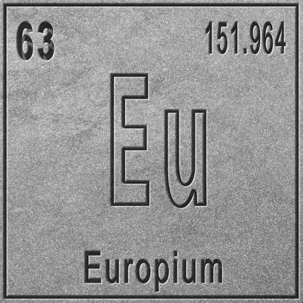 Élément chimique de l'europium, signe avec numéro atomique et poids atomique, élément du tableau périodique, fond argenté