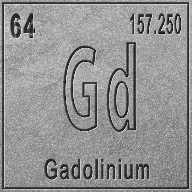 Élément chimique de gadolinium, signe avec numéro atomique et poids atomique, élément de tableau périodique, fond argenté