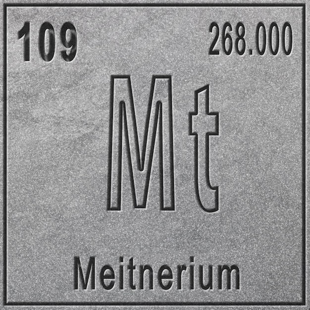 Élément chimique Meitnerium, signe avec numéro atomique et poids atomique, élément du tableau périodique, fond argenté