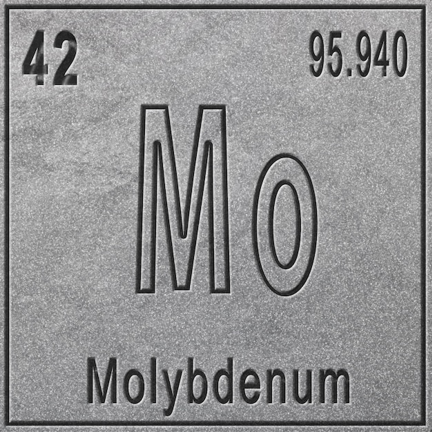 Élément chimique molybdène, signe avec numéro atomique et poids atomique, élément de tableau périodique, fond argenté