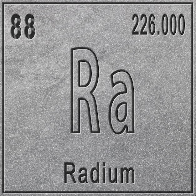 Élément chimique de radium, signe avec numéro atomique et poids atomique, élément de tableau périodique, fond argenté